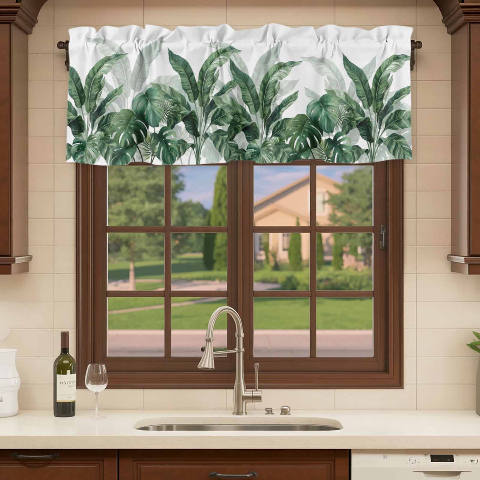 2 Pack Valances for Windows, Palm Leaves Tropical Window Valances for Living Room/Bedroom/Bathroom, Green Botanical Summer Light Filtering Kitchen Curtain Valance Window Treatment 60"W x18" L