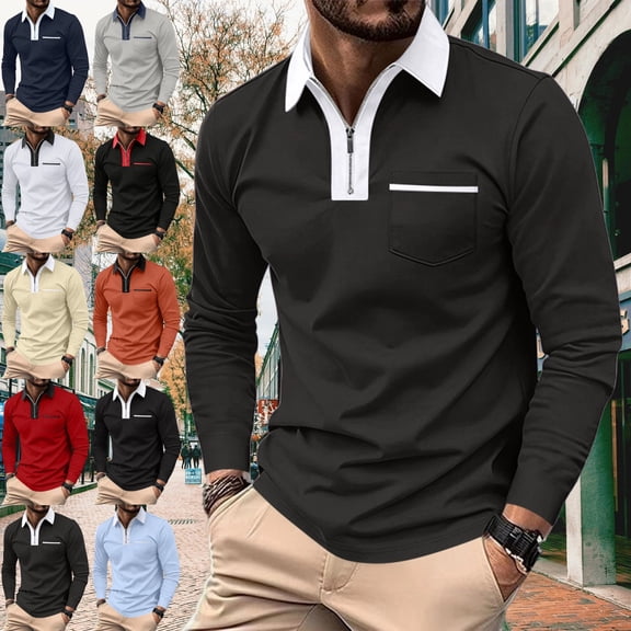 GrmtClth Men's Long Sleeve Polo Shirt Half Zip Color Block Collared Casual Business Golf Tee With Pocket Dark Gray 2XL