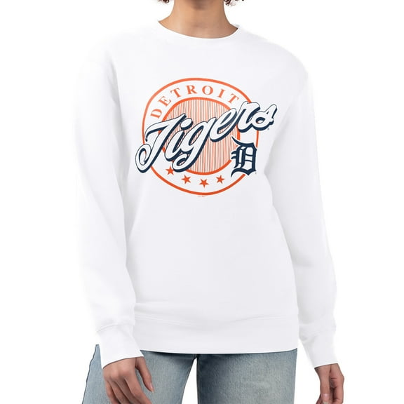 Women's G-III 4Her by Carl Banks White Detroit Tigers Pinstripe Circle Team Fleece Pullover Sweatshirt