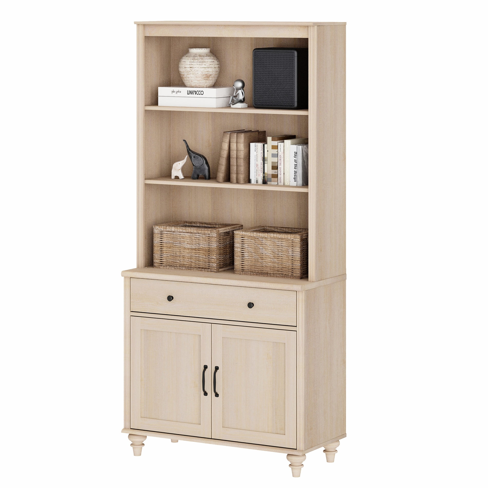 Farmhouse 5 Tier Bookcase With Drawer & Doors, Beige, 33.9" W