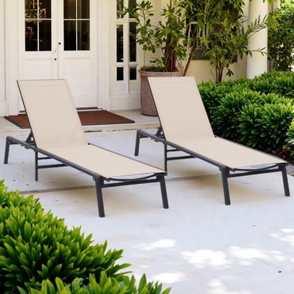 Melocadol Outdoor Aluminum Chaise Lounge Chairs, Set of 2, No Assembly Required, Foldable & Portable with 5 Adjustable Backrest Positions for Pool, Patio, Lawn, Beach, Beige