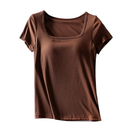 JUUYY Women s Slim Fit Short Sleeve Tshirt 2 in 1 Built-in Bra Ladies Padded Shirt Top Casual Summer Tops Coffee S