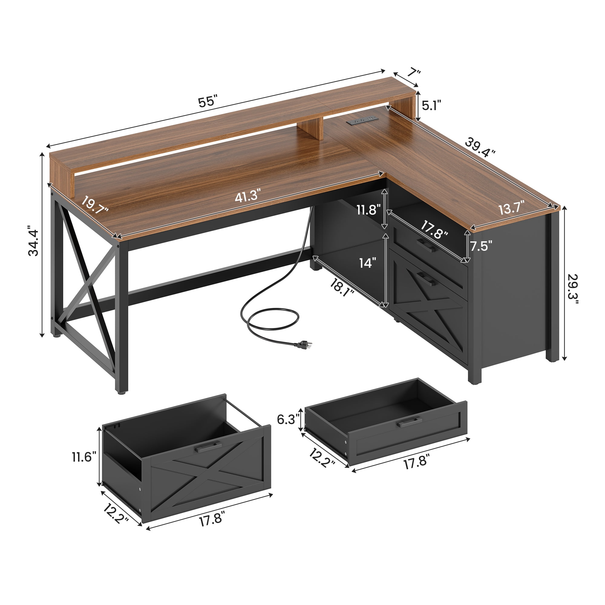 Farmhouse L Shaped Computer Desk with Drawers and Storage Shelves, 55" L Shaped Gaming Desk with LED Lights, Home Office Desk