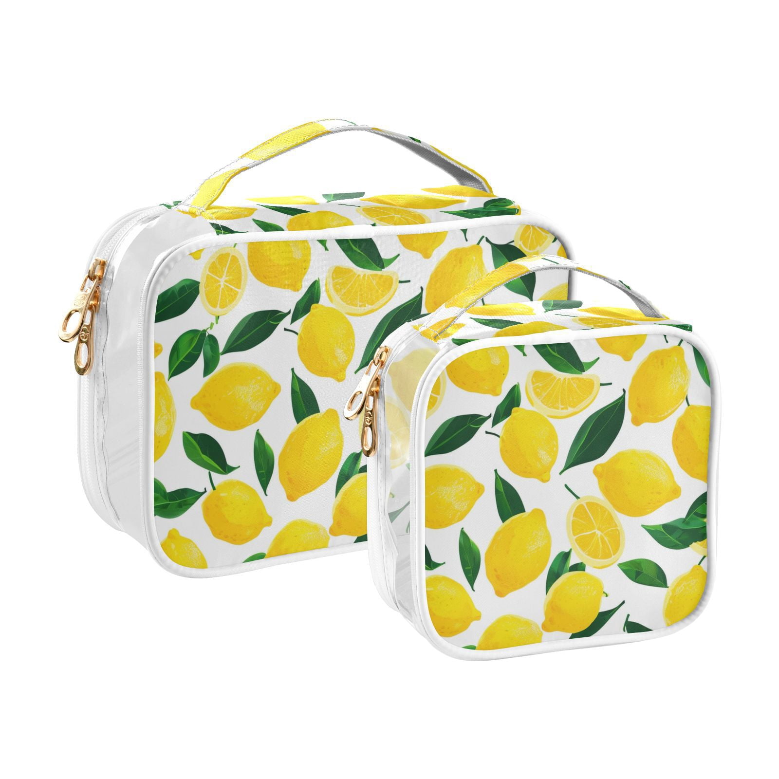 Clear Makeup Bags with Handle Large Opening 2 Pack Set Toiletry Bag Quart Size Bag, for Women Man Traveling Travel Essentials, Toiletries and Other. Lemon Pattern