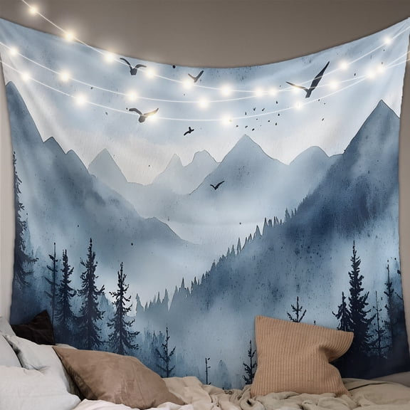 Blue Mountain Peak Large Tapestry for Bedroom Wall Hanging Tapestry, Forest Tree Bird Fog Landscape Ceiling Backdrop Tapestries Poster Blanket Wall Decor for Teens Room Living Room Dorm 86" x 104"