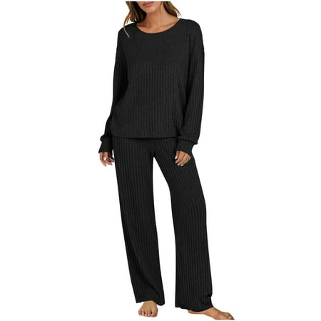 HAiming Womens Pajamas Set Trendy Ribbed Knit Sets Long Sleeve Shirt Wide Leg Pants Casual 2 Piece Outfits Sleepwear