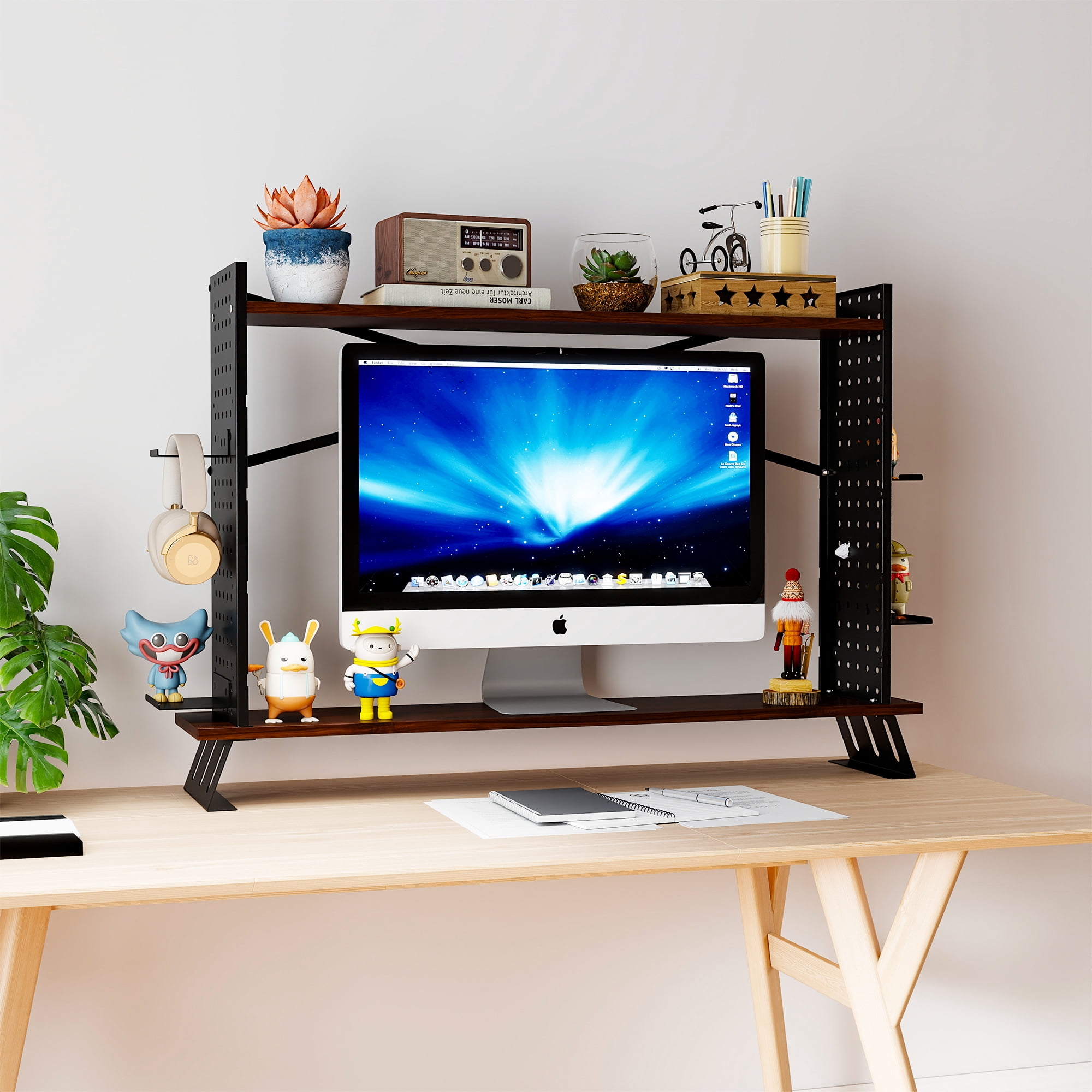Gomok 2-Tier Desktop Bookshelf, Adjustable Desk Shelf Bookcase Storage Rack with Tray & Grid Panel, Black