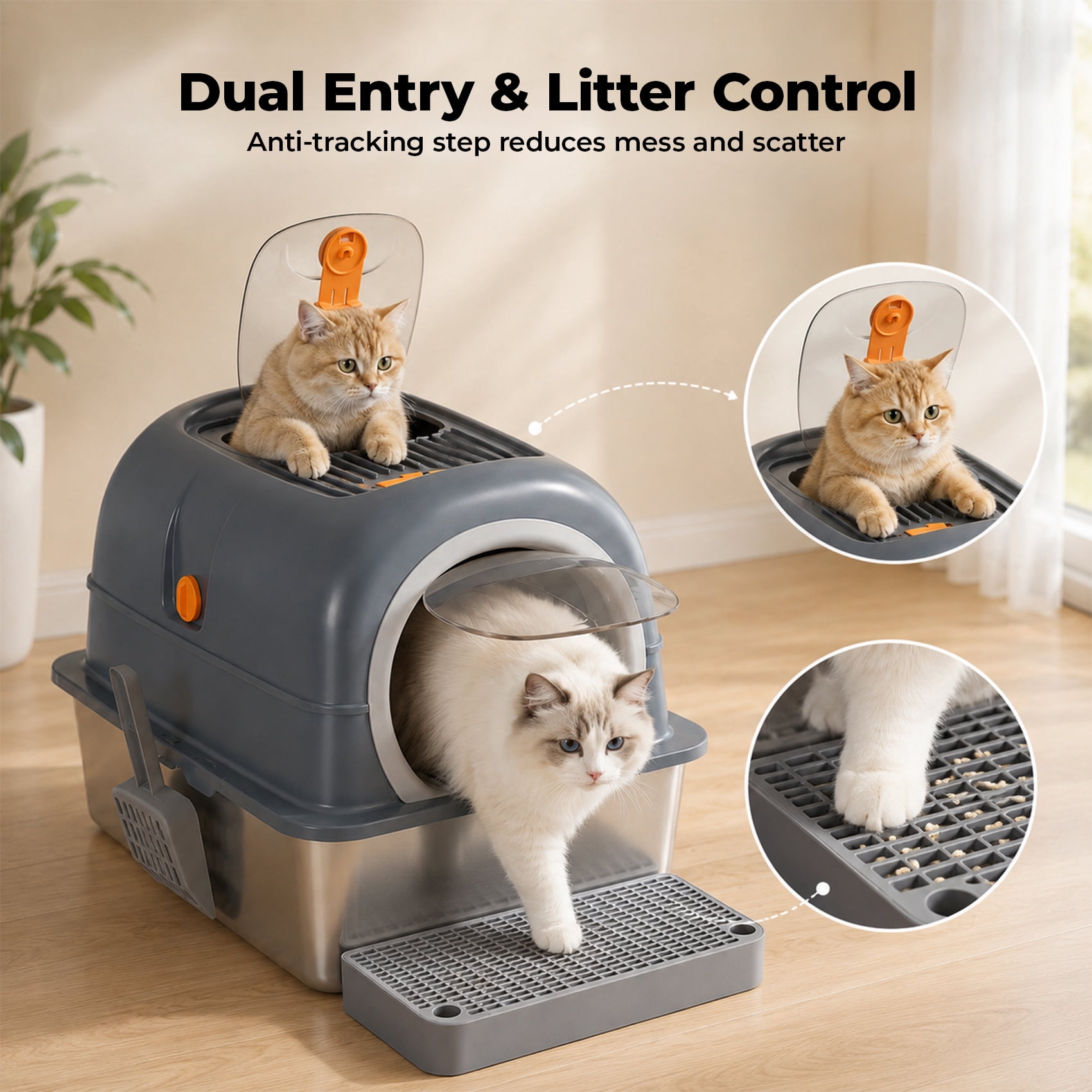 Alvantor Double-Entry Convertible Lid Cat Litter Box, 3-in-1 Stainless Steel Cat Litter Box, 23.62"x15.75"x15.75", Multicolor