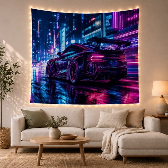 Modified Black Sports Car on Rain Slicked City Street Moody Digital Art for Car Enthusiasts Cyberpunk Neon Art Decor Birthday Gift Tapestry Wall Hanging for Bedroom and Gaming Room