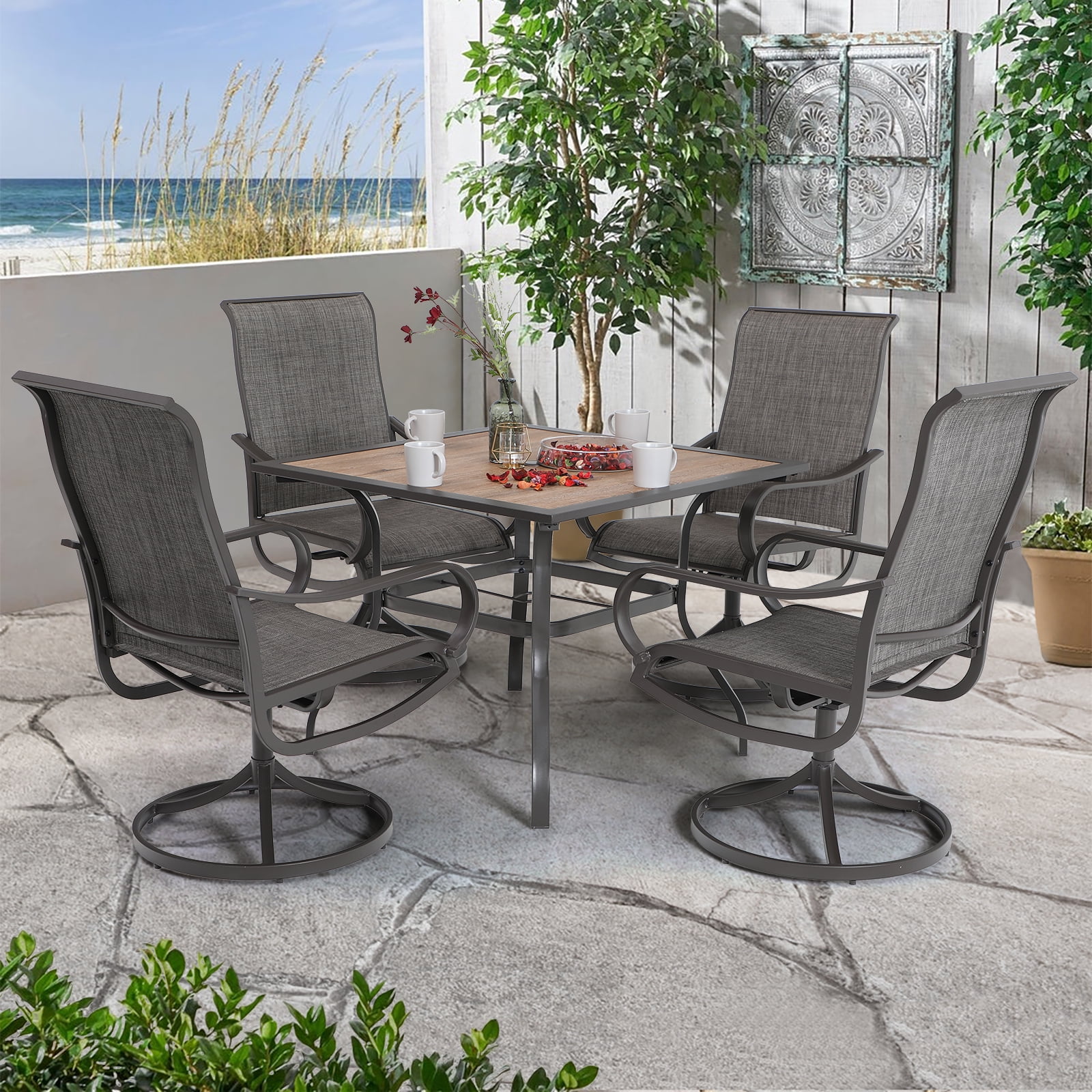 5 Piece Patio Dining Table Set All-Weather Cast Aluminum Table and Chairs Set Square Bistro Table and 4 Backyard Chairs Summer Outdoor Furniture for Yard 5 Pcs Round Table Set-Red Cushion