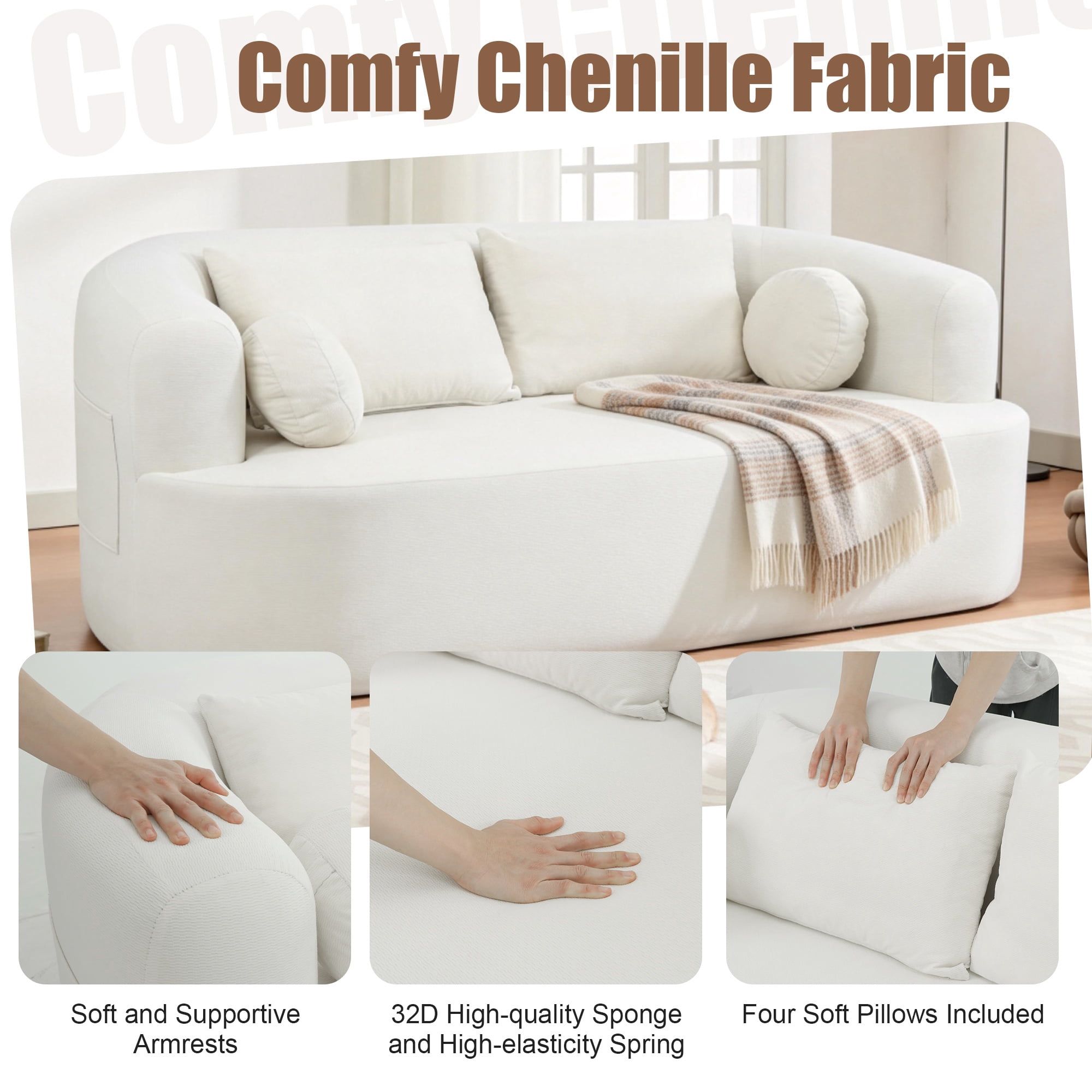 Loveseat Sofa-in-a-Box, 67" Chenille 2-Seater Couch with Deep Seats, 32D High-Resilience Foam, No Assembly Required, for Living Room, Small Space, Beige
