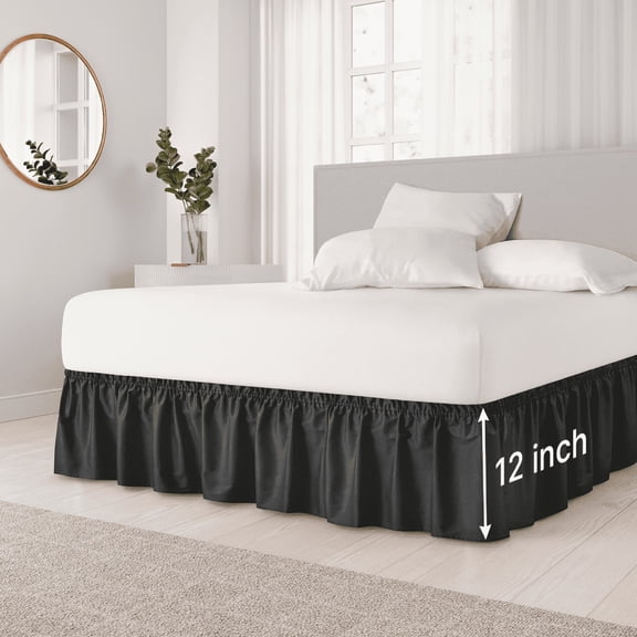 ARLAJO Wrap Around Dust Ruffle Bed Skirt - for Full Size Bed with 12 Inch Drop, Easy Fit Elastic Strap - Pleated Bedskirt, Black