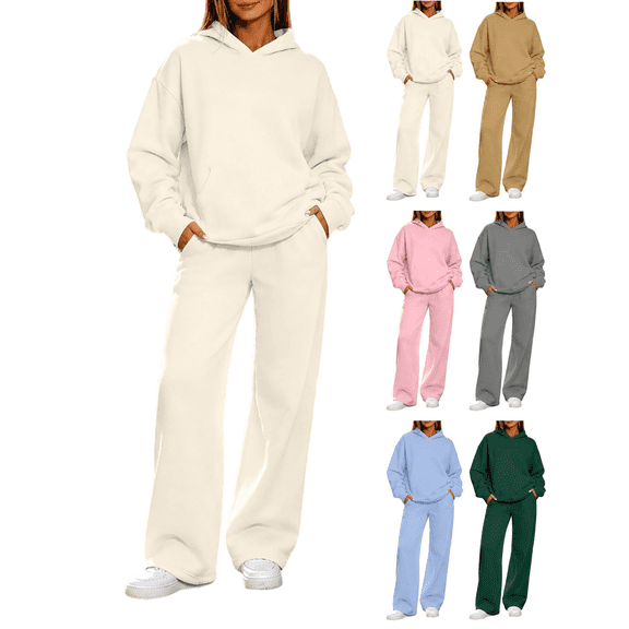2 Piece Lounge Sets for Women Oversized Hoodie With Kangaroo Pocket Wide Leg Pants Elastic Waistband Matching Sweatsuit