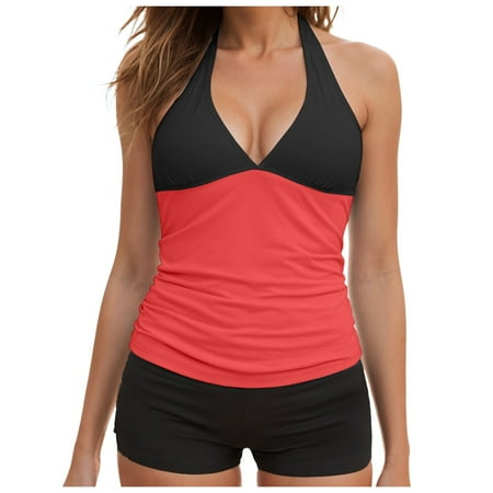 Zizocwa Halter Tankini Swimsuit for Women Color Block V Neck Push Up Bathing Suit 2025 Summer Boyshorts Swim Bottom High Waisted Swimwear Black Sizem