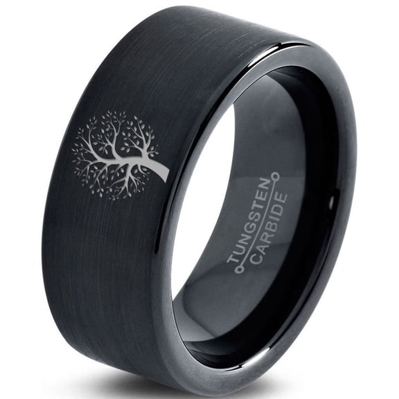 Tungsten Blossom Nature Tree Band Ring 9mm Men Women Comfort Fit Black Flat Cut Brushed Polished
