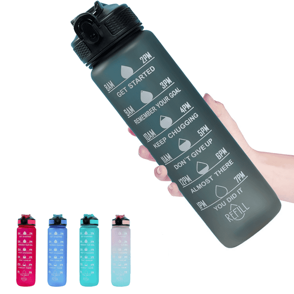 Medstation Motivational with Time Marker 32 oz Black Tritan Plastic Water Bottle with Carry Strap