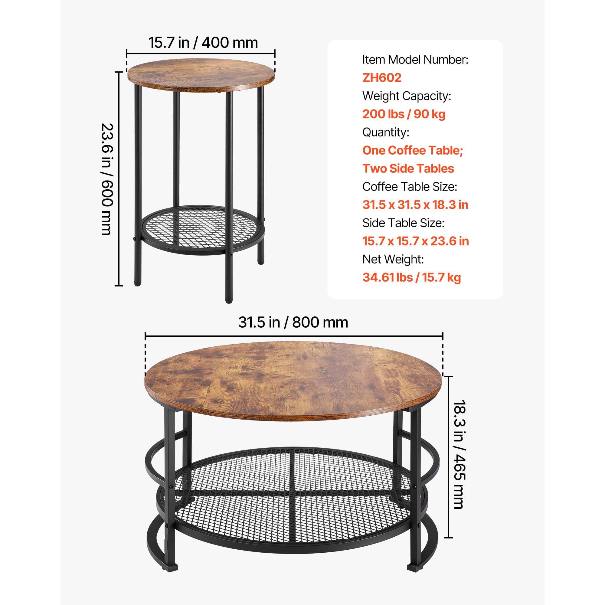 KFFKFF 3-Piece Round Coffee Table Set, 31.5-Inch Industrial Style Table with Two Side Tables, Easy-to-Assemble Metal-Leg Design for Living Room, Office, or Apartment