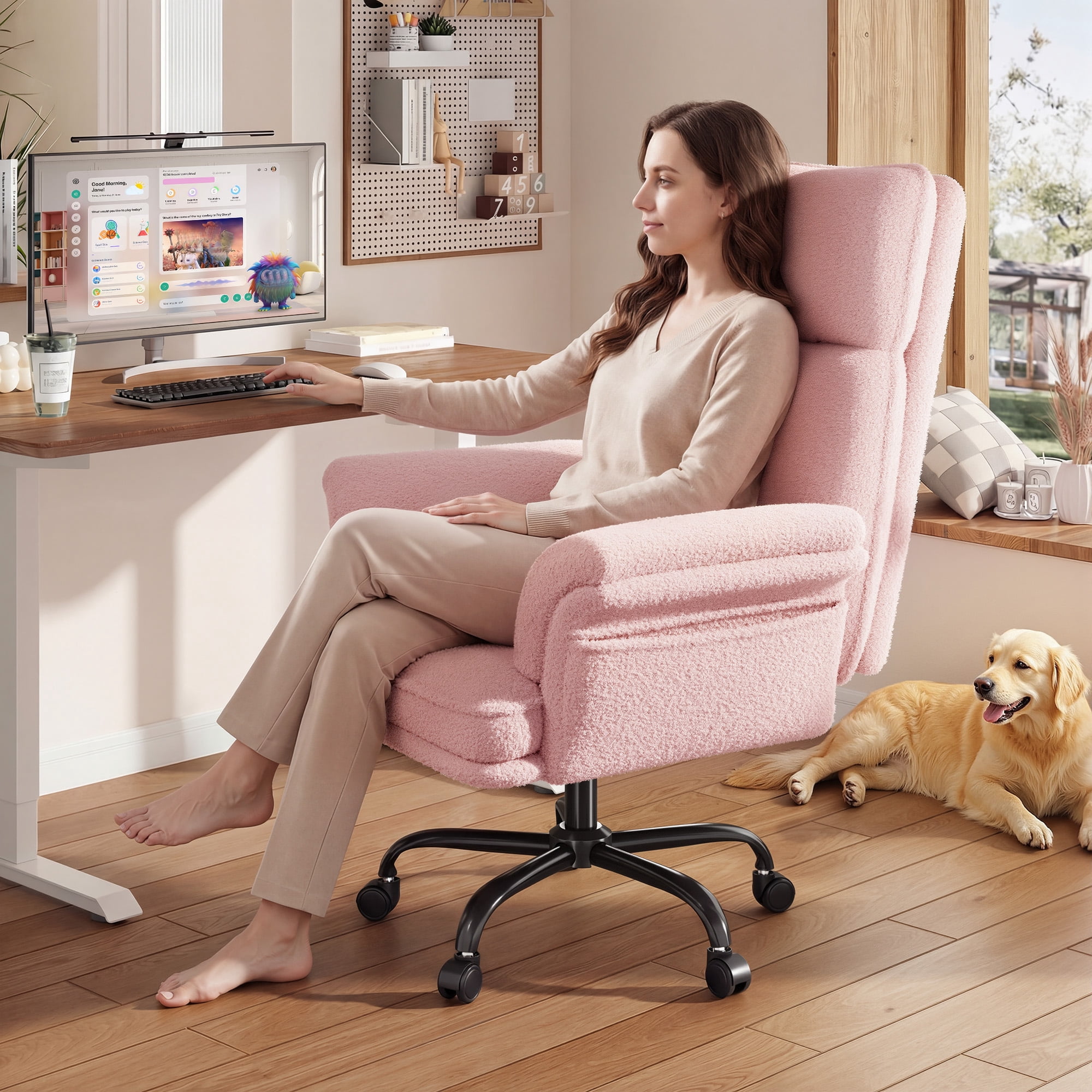 Romorgniz Criss Cross Chair with Armrests & Wheels Ergonomic Computer Gaming Chair with Two Side Pockets Teddy Plush Wide Seat Reclining Desk Chair for Home Office, Pink