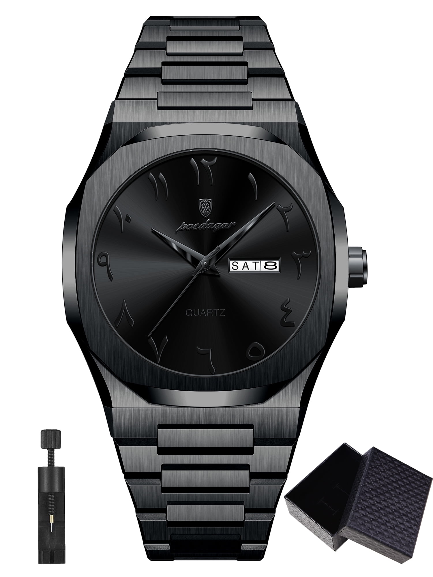 POEDAGAR Men's Luxury Watch Stainless Steel Quartz Wristwatch with Black Dial, 3ATM Waterproof for Daily