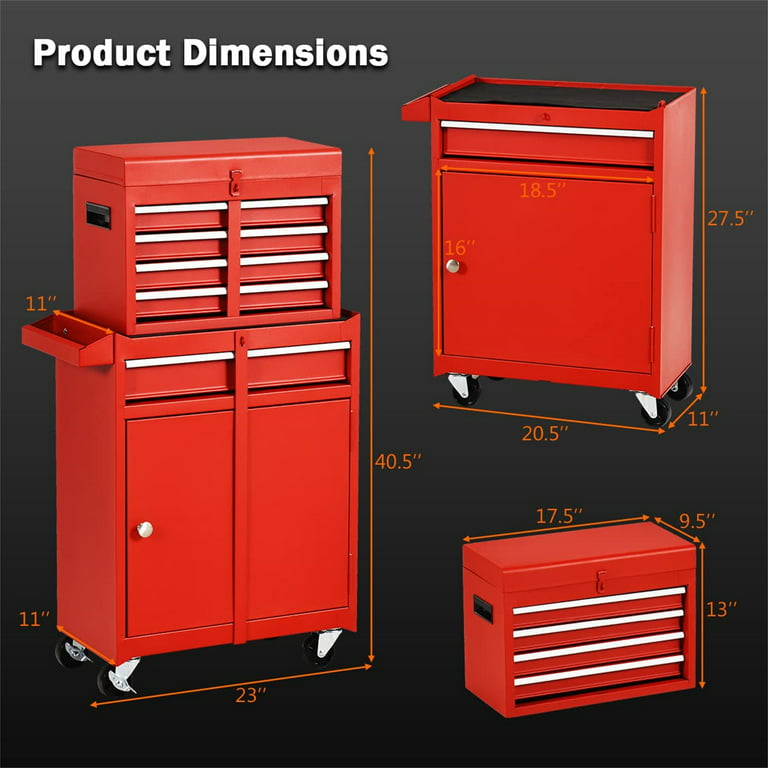 Aukfa Tool Chest, 2 in 1 Steel Rolling Tool Box & Cabinet On Wheels for Garage, 5-Drawer, Red, Size: 22.9 inch Large x 11 inch D x 47.2 inch H
