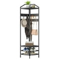 thumbnail image 3 of Black Corner Hall Tree, 8 Movable Hooks 2-Tier Shoe Rack 2 Storage Shelves, Industrial Particle Board Steel Hall Tree, Space-Saving Entryway Organizer for Small Apartments, 3 of 7