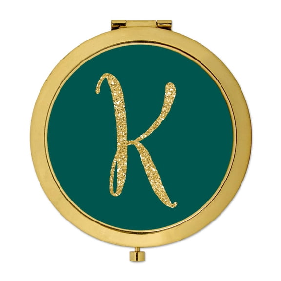 Koyal Wholesale Gold Compact Mirror Bridesmaid's Wedding Gift, Peacock Blue Jewel Tone , Monogram Letter K, 1-Pack