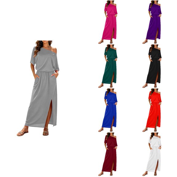 Antinious Ladies Neck Elastic Waist Flowy Off Shoulder Short Sleeve Split Hem Beach Dress