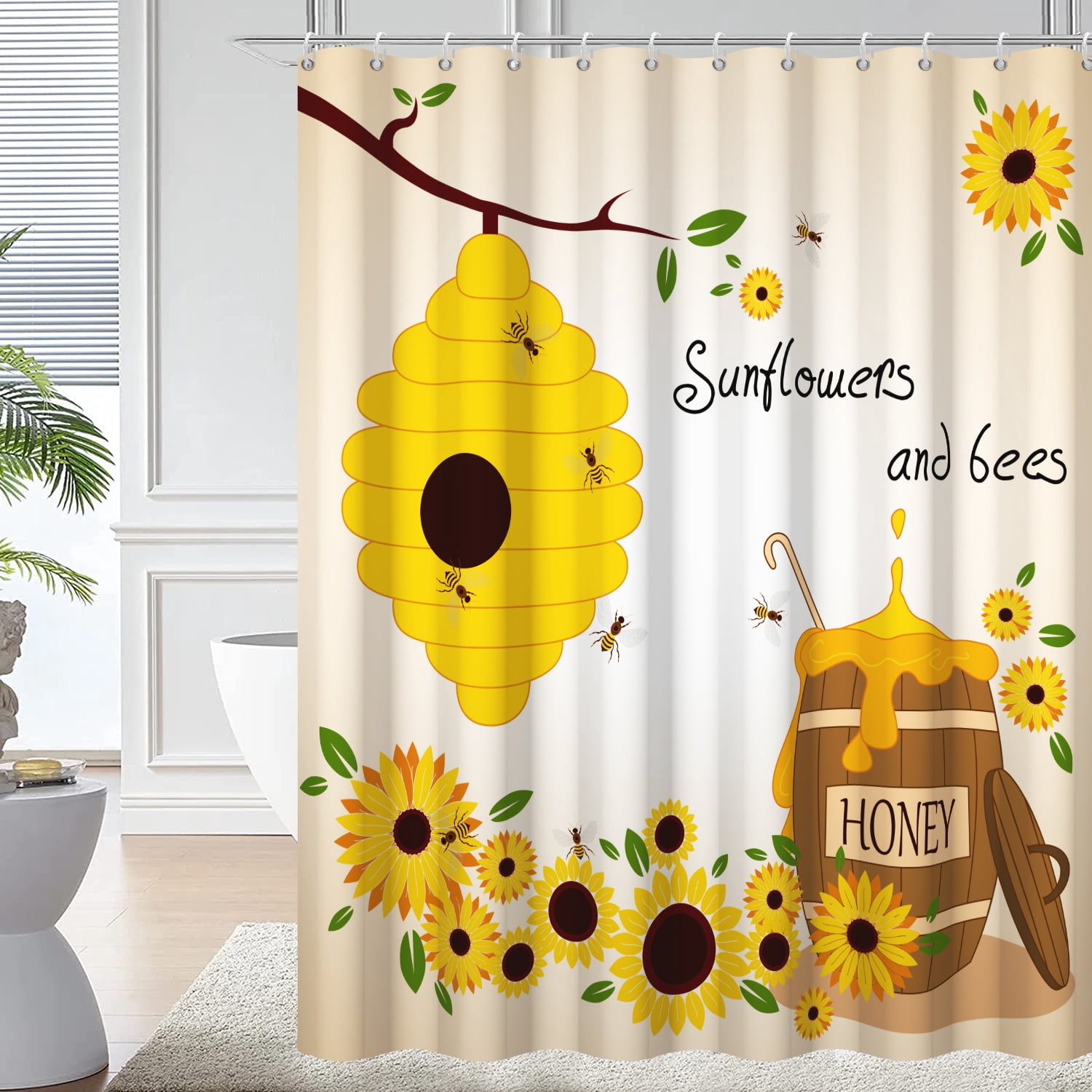 Sunflower Shower Curtain, Farmhouse Yellow Floral Bee Waterproof Fabric Bath Curtain，72x72inch