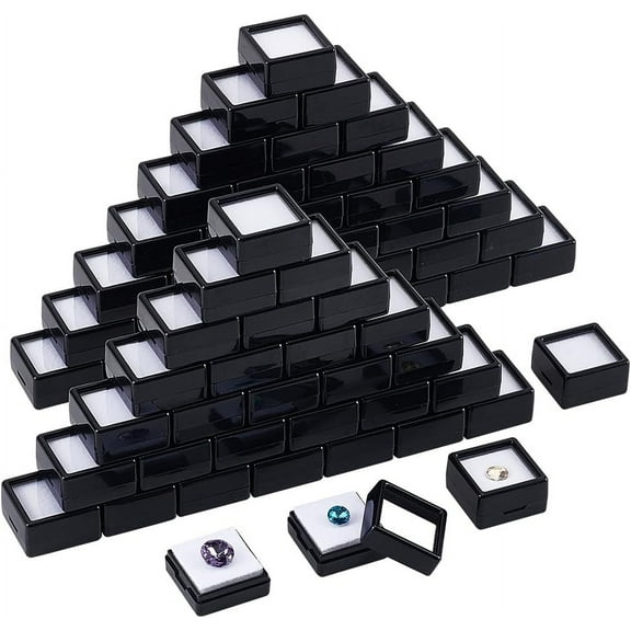 70pcs Black Gemstone Display Box Plastic Transparent Bare Stone Box Square Gem Box 1.2x0.63 Inch for Gemstone Jewelry Crystal Diamond Accessories Display