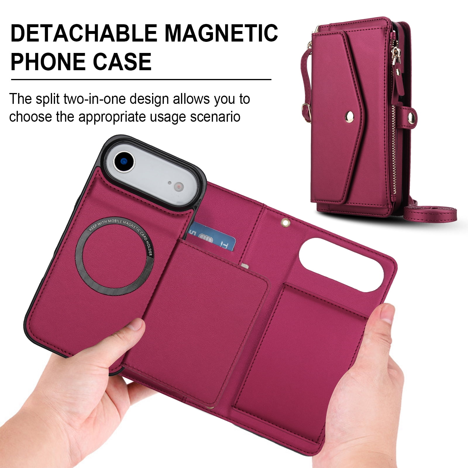 Designed for iPhone 17 Air Multi-Function Wallet Phone Case,With Shoulder Strap&Wrist Strap,Cash Pocket&Card Slots,Zipper Purse,Magnetic Detachable PU Leather Flip Phone Case,Red