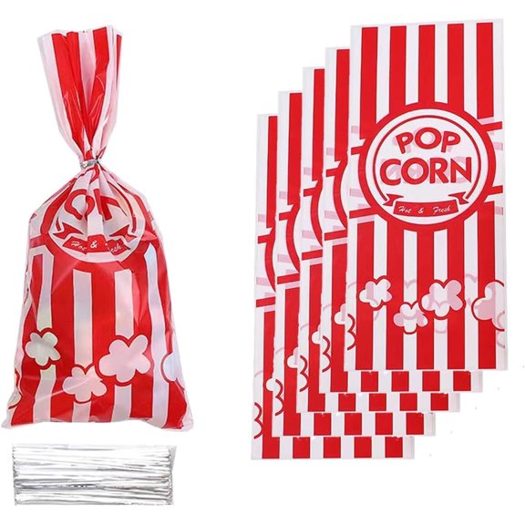 100 Pcs Disposable Popcorn Bags,Popcorn Bags Bulk for Popcorn Machine,Red White Stripe Cookie Bags with Twist Ties for Party,Movie Nights,Carnival