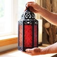 thumbnail image 5 of Moroccan Metal Candle Lantern Holder with LED Fairy String Lights, Large, Red, 5 of 13