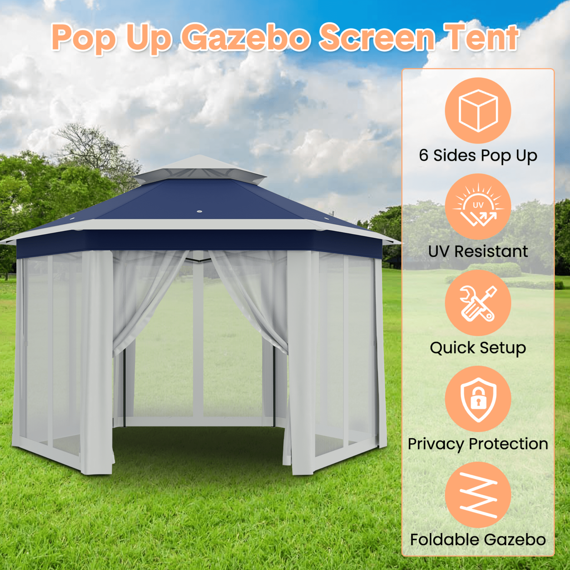 COZONY Hexagonal Pop-Up Gazebo with Mosquito Net & Vented Roof, Adjustable Height Sun Shelter for Patio, Garden, Backyard, Blue