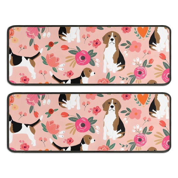Kitchen Rugs Sets Of 2,Pink Beagle and Flower Anti Fatigue Kitchen Mat Rugs Non Slip Washable,Decorative Kitchen Floor Mats for Kitchen,Sink,Laundry,17"x47" 17"x47"