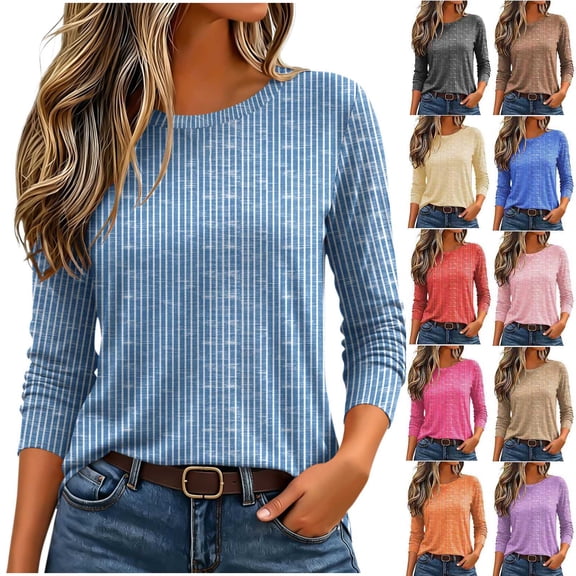 Sevevn Women's Striped Long Sleeve T Shirt Casual Crew Neck Tunic Top Soft Lightweight Stretch Blouse Loose Fit Basic Pullover Shirt for Daily Wear Work Office Vacation Fall Spring Navy M
