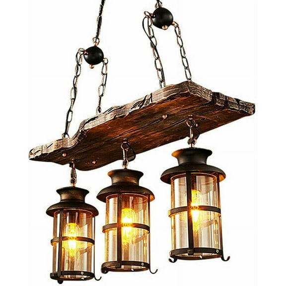 Chandelier Light, Pendant Light Farmhouse Wooden Hanging Island Lighting Fixture Retro Rustic Industrial for Kitchen Dining Room Bar Restaurant Industrial Ceiling Lamp 3 Lights