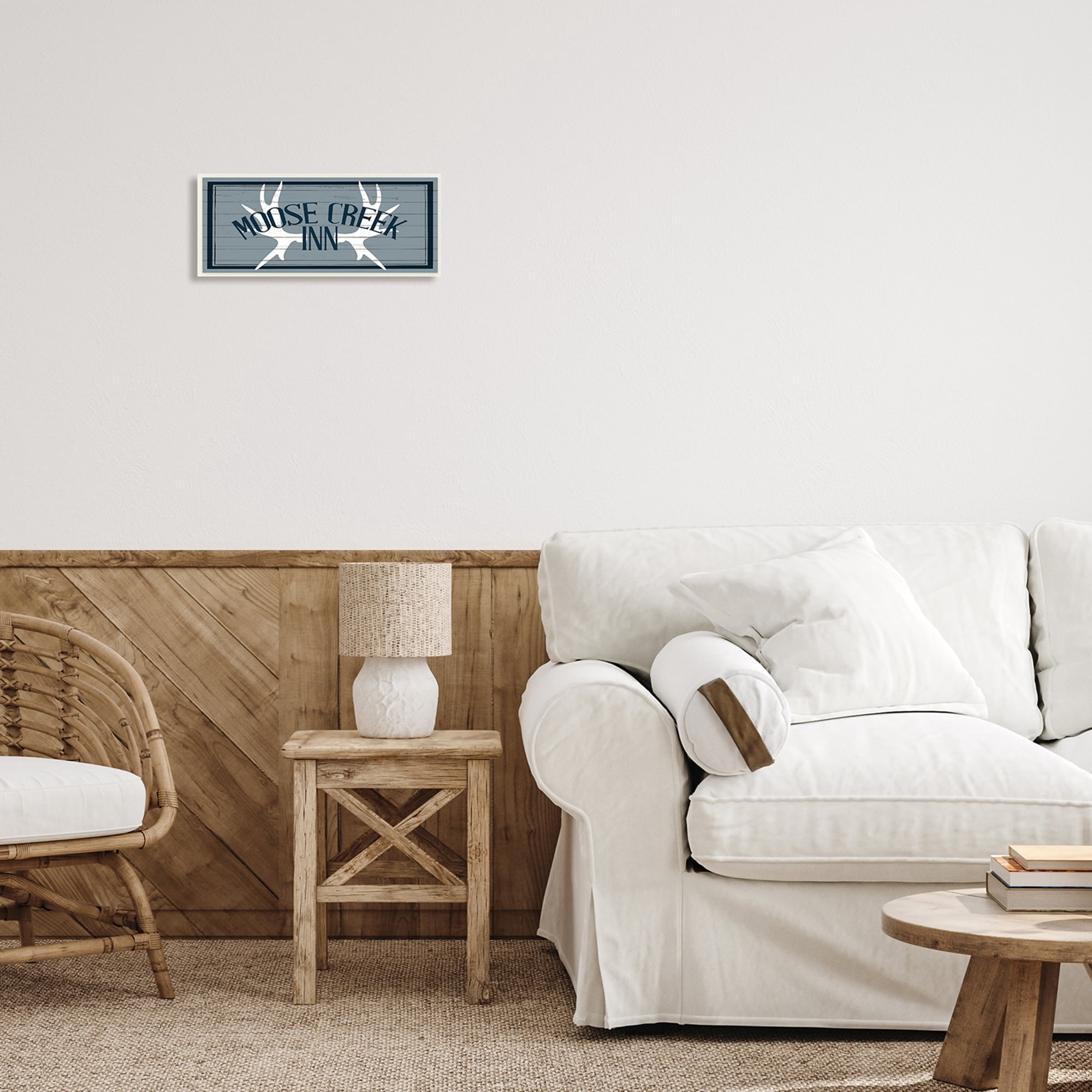 Stupell Industries Blue Moose Creek Inn Sign Rustic Antlers Cabin Theme Wood Wall Art, 17 x 7, Design by Kim Allen
