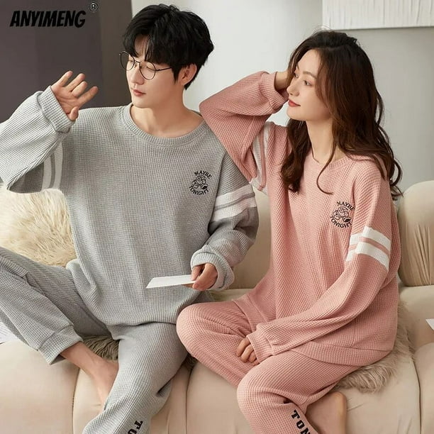 Conjunto de pijama de algodon de manga larga para hombre y mujer ropa de dormir con cuello redondo a la moda otono e invierno novedad Walmart en linea