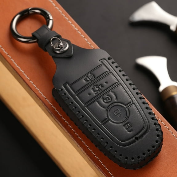 DON'T TOUCH MY KEY Genuine Leather Car Key Fob Cover for Ford Explorer Edge 5 Buttons Case Holder Black