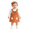 thumbnail image 4 of AUDeals Baby Girl Halloween Outfit Long Sleeve Ruffle Romper Ghost Embroidery Overall Dress Headband Cute Fall Clothes ﻿ (Orange, 0-3 Months), 4 of 9