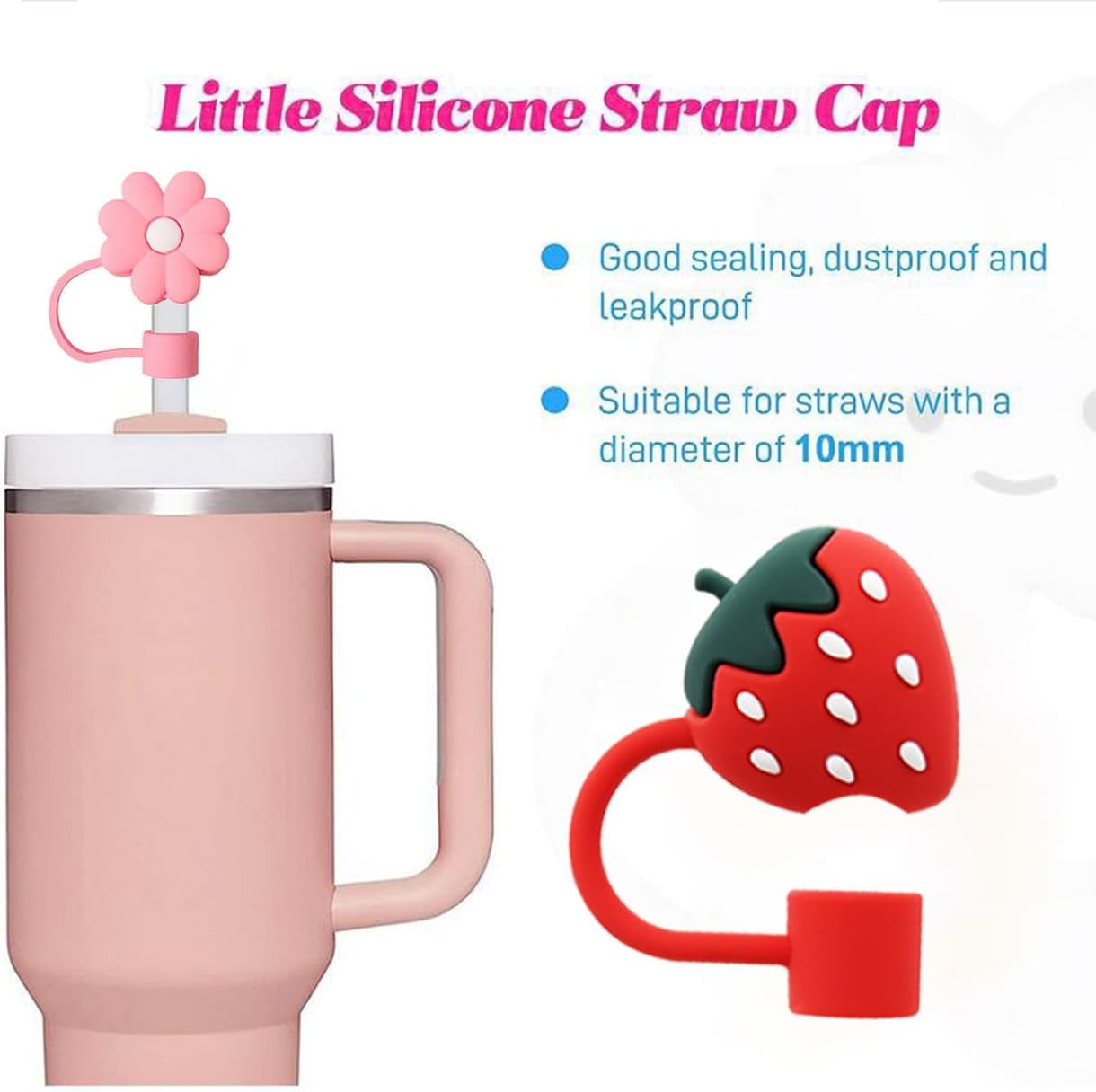 HuDieM Straw Cover Caps for Stanley Cup - 5pcs Silicone Cute Straw Caps - 10mm Straw Topper Reusable Straw Tips Lids Compatible with Stanley 30&40 oz