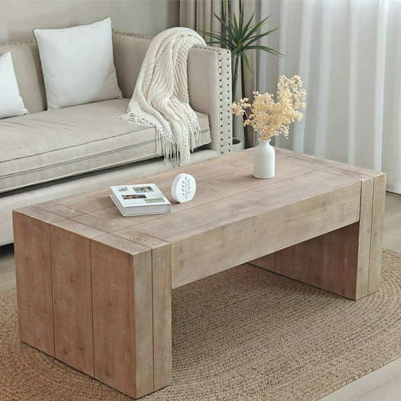 49" Modern Wooden Coffee Table with Thick Legs, Center Table for Living Room, Natural