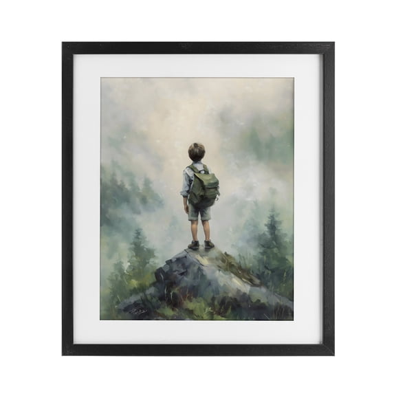 Boy Adventurer Atop Mountain Black Framed Print Under Glass, design by Arlington Prints