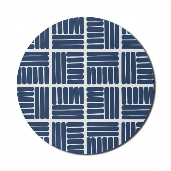 Geometric Mouse Pad for Computers, Modern Stripes in Squares Shape Geometrical Minimalist Design Print, Round Non-Slip Thick Rubber Modern Mousepad, 8" Round, Night Blue and White, by Ambesonne
