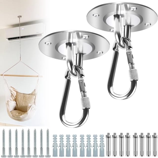 2 ganchos de techo resistentes, gancho de techo para silla colgante, gancho de montaje en pared para colgar hamaca, yoga, silla colgante y saco de boxeo, con mosquetón y tornillos de fijación JM