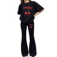thumbnail image 2 of CPNG Girls Cherry Print Outfits Round Neck Short Sleeved T Shirts and Matching Flare Pants 2 Pieces Casual Cute Sweatsuits Set, 2 of 5