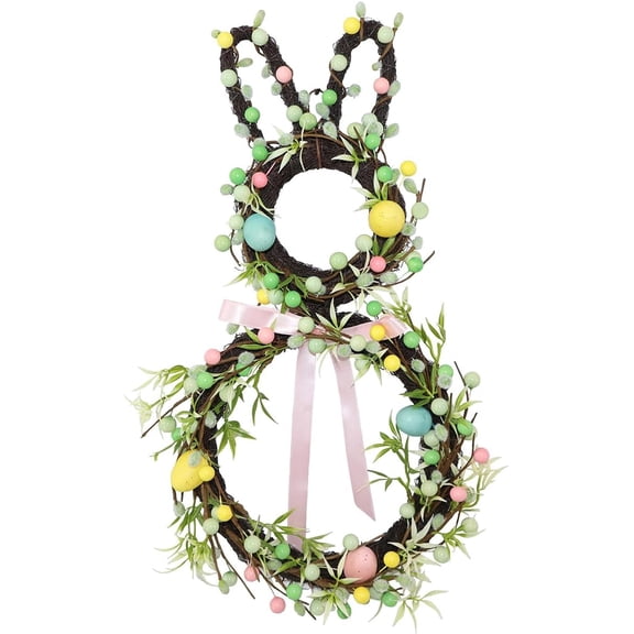 18" Easter Bunny Wreath – Small Bunny Shape Wreath with Green Berry and Egg Decorations, Front Door Easter Decor, Spring Wreaths for Home and Porch