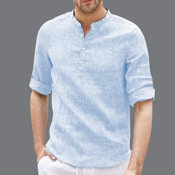 Ceisia Men's Shirt | Loose Stand Collar 3/4 Sleeve Shirt | Breathable Wrinkle-resistant (Solid Colors) Gift