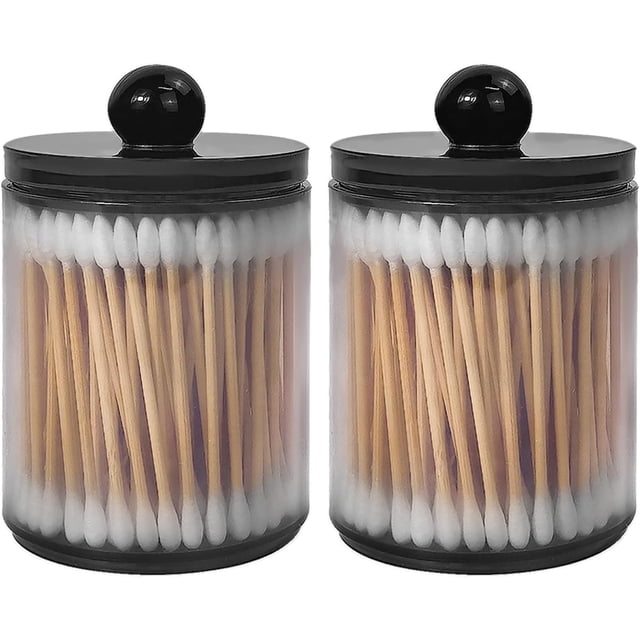Juego de 2 dispensres Qtip de plástico negro para baño y organización de almacenamiento para bolas de algodón, hisopo, rondas de algodón, púas de hilo dental, pinzas para el cabello