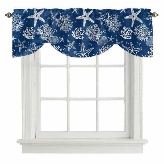 Tie Up Valances for Windows, Navy Blue Coastal Adjustable Valance Curtains Window Treatment for Living Room, Nautical Beach Starfish Coral Summer Rod Pocket Kitchen Curtains & Drapes 42x18 Inch